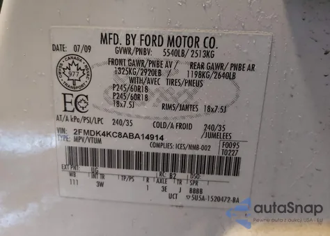 2010 Ford Edge Limited z USA, uszkodzony, nr VIN 2FMDK4KC8ABA14914